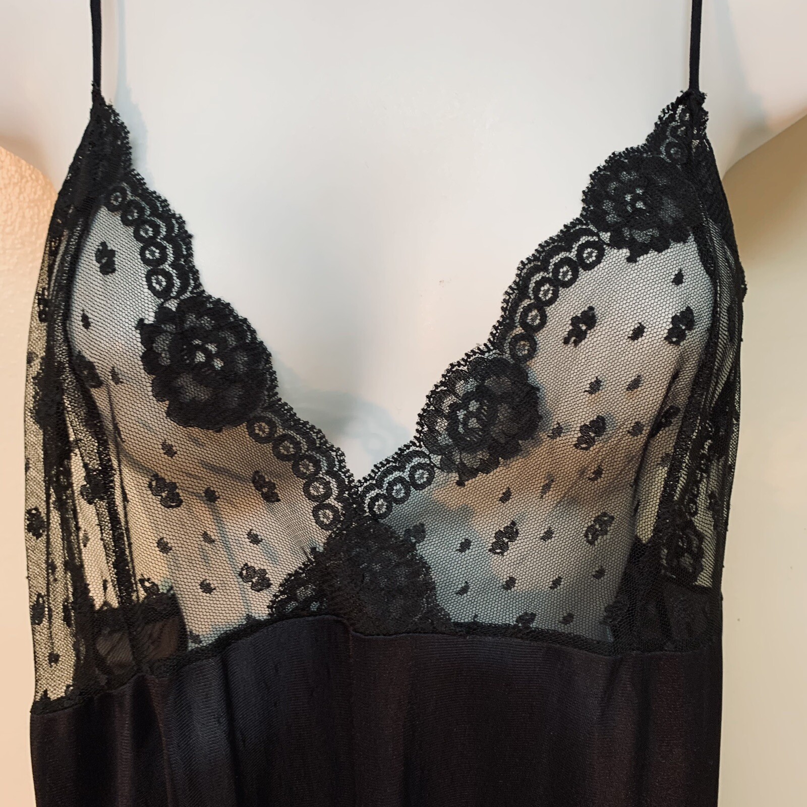 Vintage Black Nylon Sheer Lace Peignoir Robe Nightgown Negligee Long Gown Set M