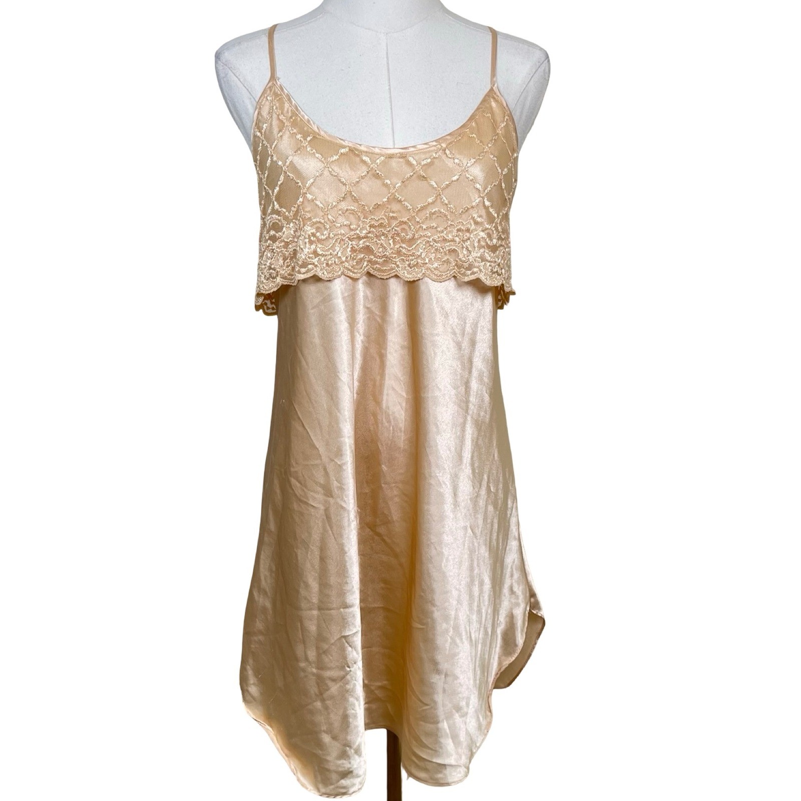 Vintage Romance Du Jour Nightgown Womens L Gold Lace Trim Satin Chemise Slip