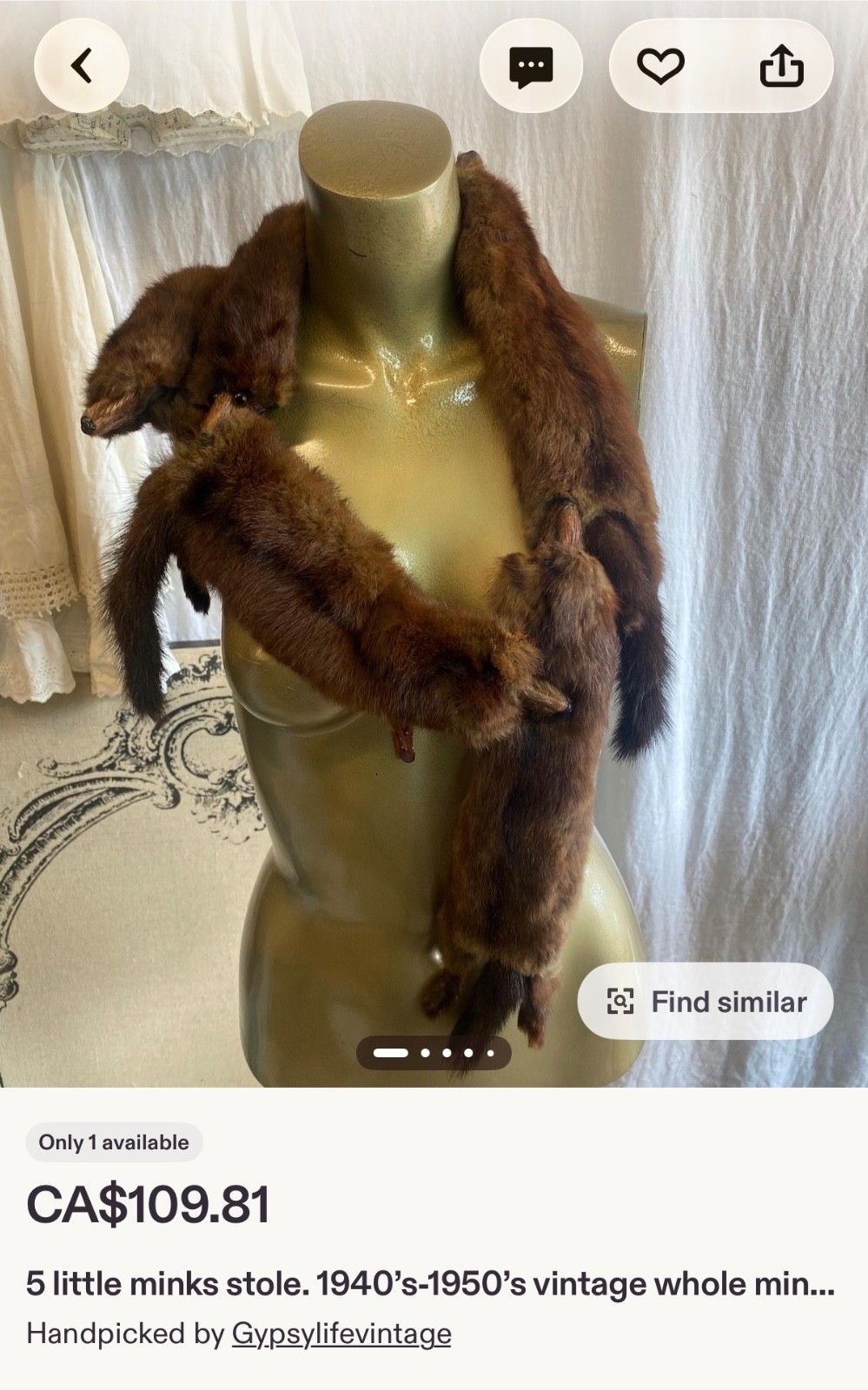 vintage 1940s/50s 5 whole mink with heads and legs fur stole