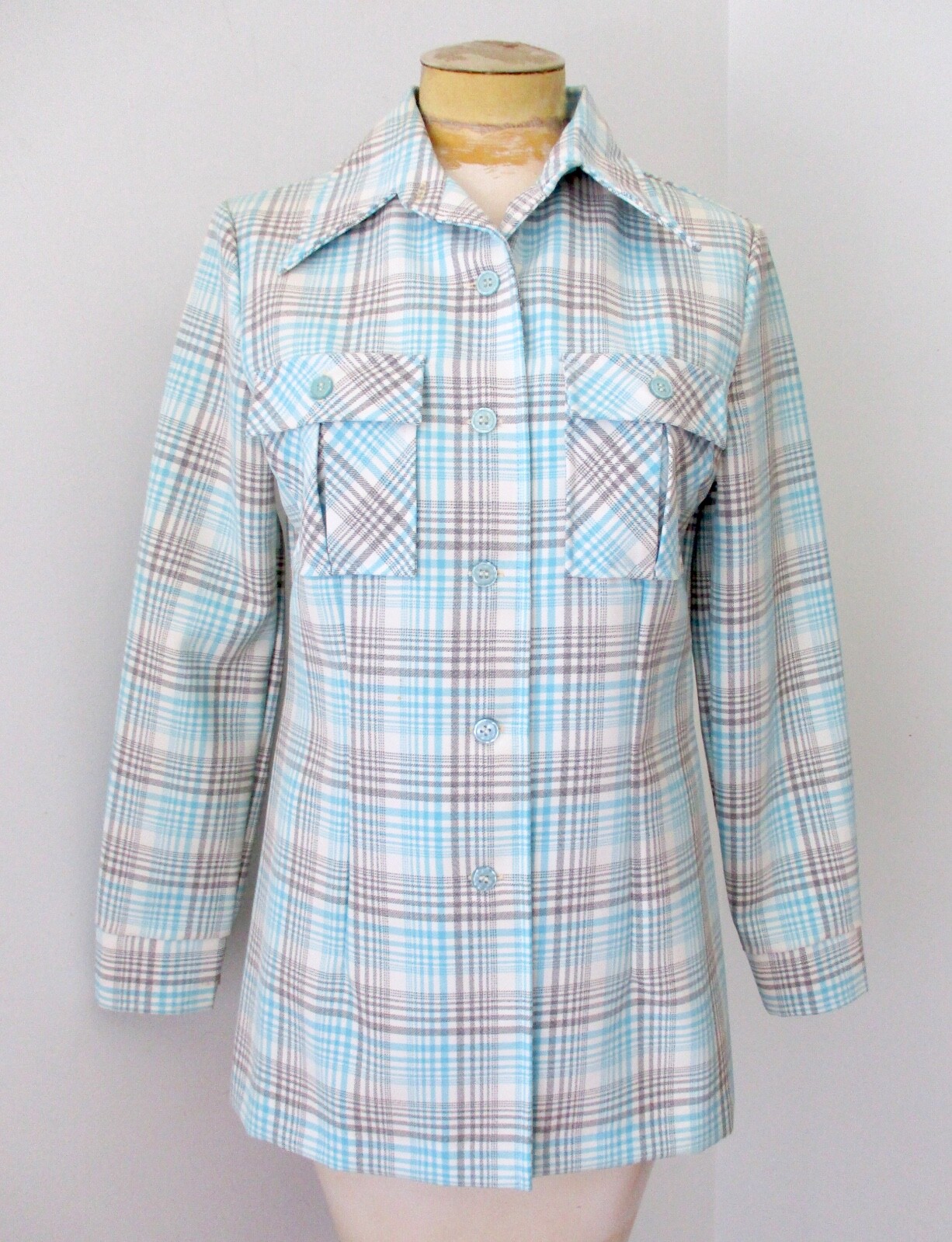 VGC Vtg 70s K-Mart Aqua Blue Gray Plaid 49er Jacket Blouse Top Safari Leisure 14
