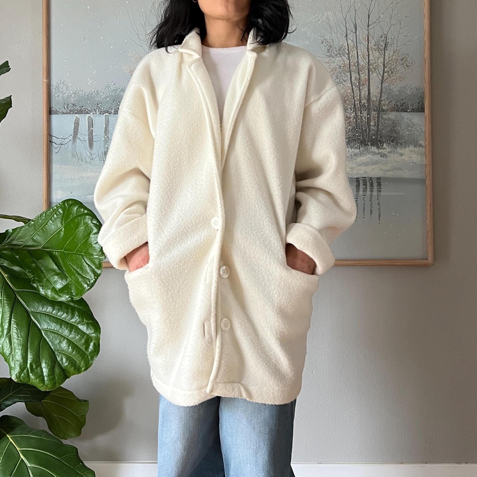 Vintage Cream Fleece Jacket Oversized Minimalist Coat Cozy Neutral 90s