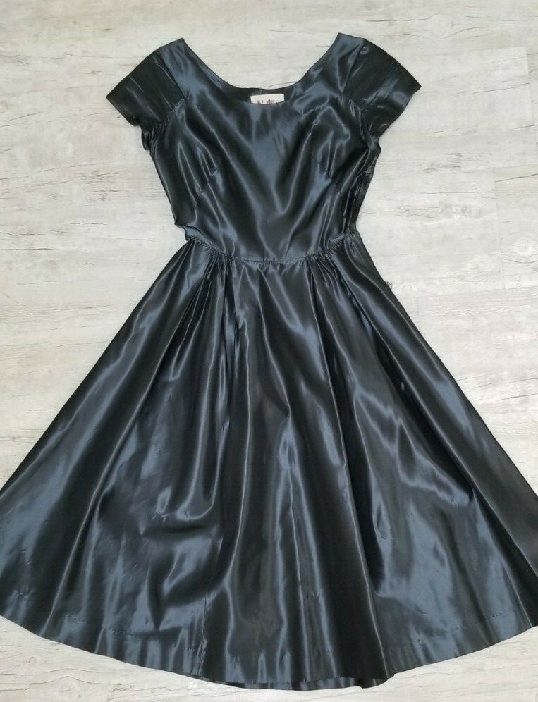 Vintage 1950s Minx Modes Gunmetal Grey Taffeta DRESS – Size XS/S