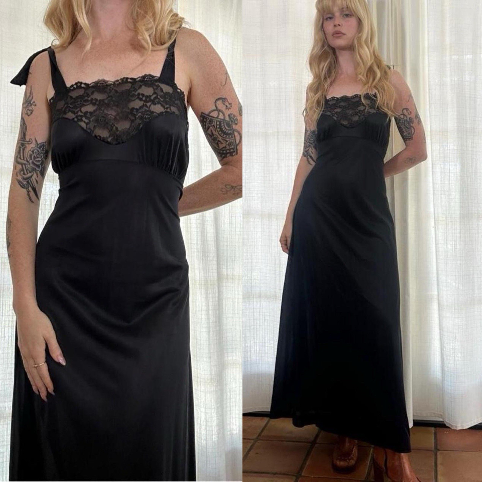 Vintage 70s black lace slip dress tie shoulders nightgown lingerie