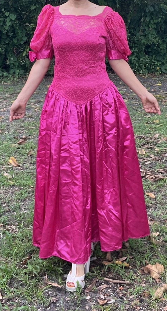 Vintage 1980s Prom Wedding Bridesmaid Princess Dress Hot Pink Taffeta Lace Bow