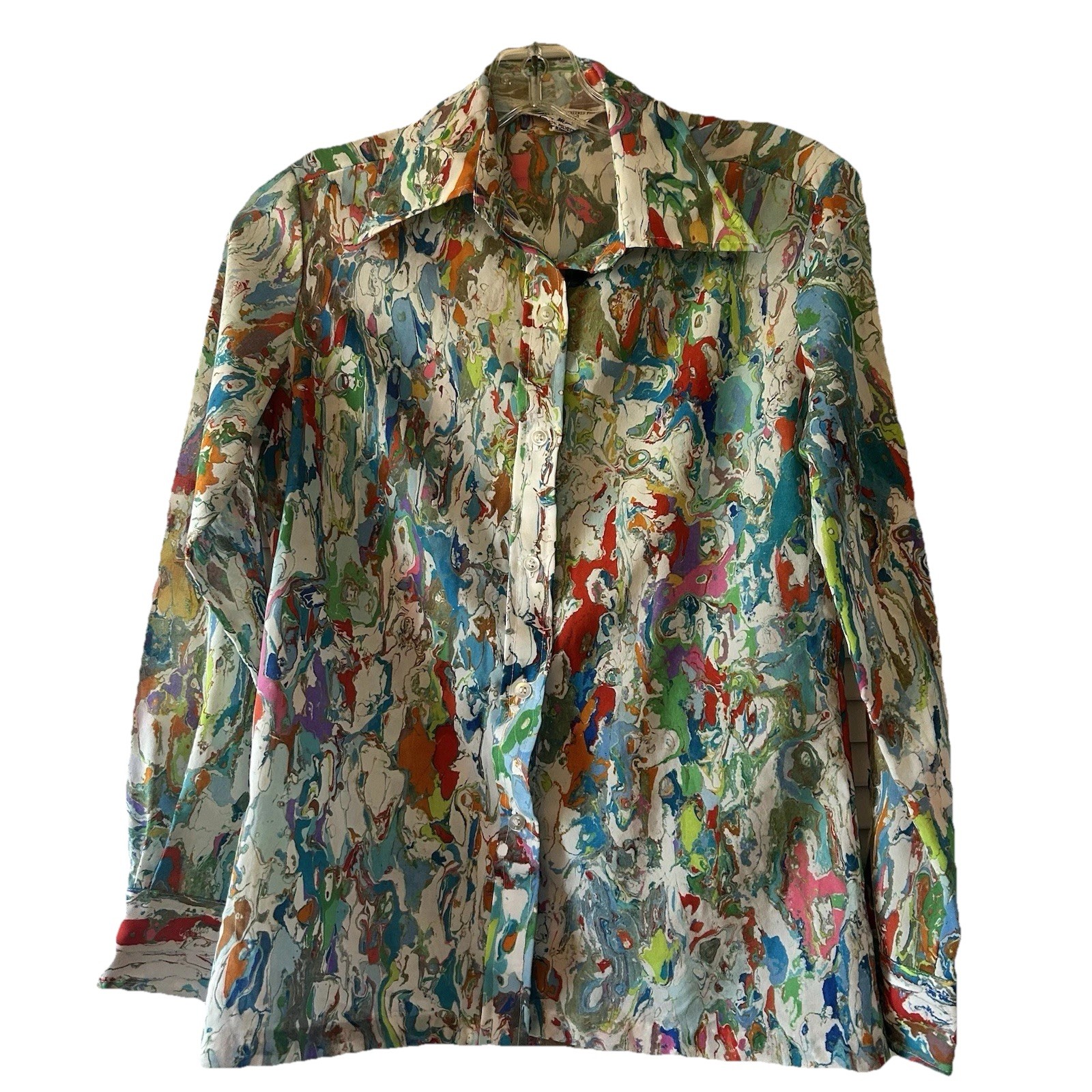Vintage Lady Manhattan Abstract Hand Screen Long Sleeve Button Blouse Size 8