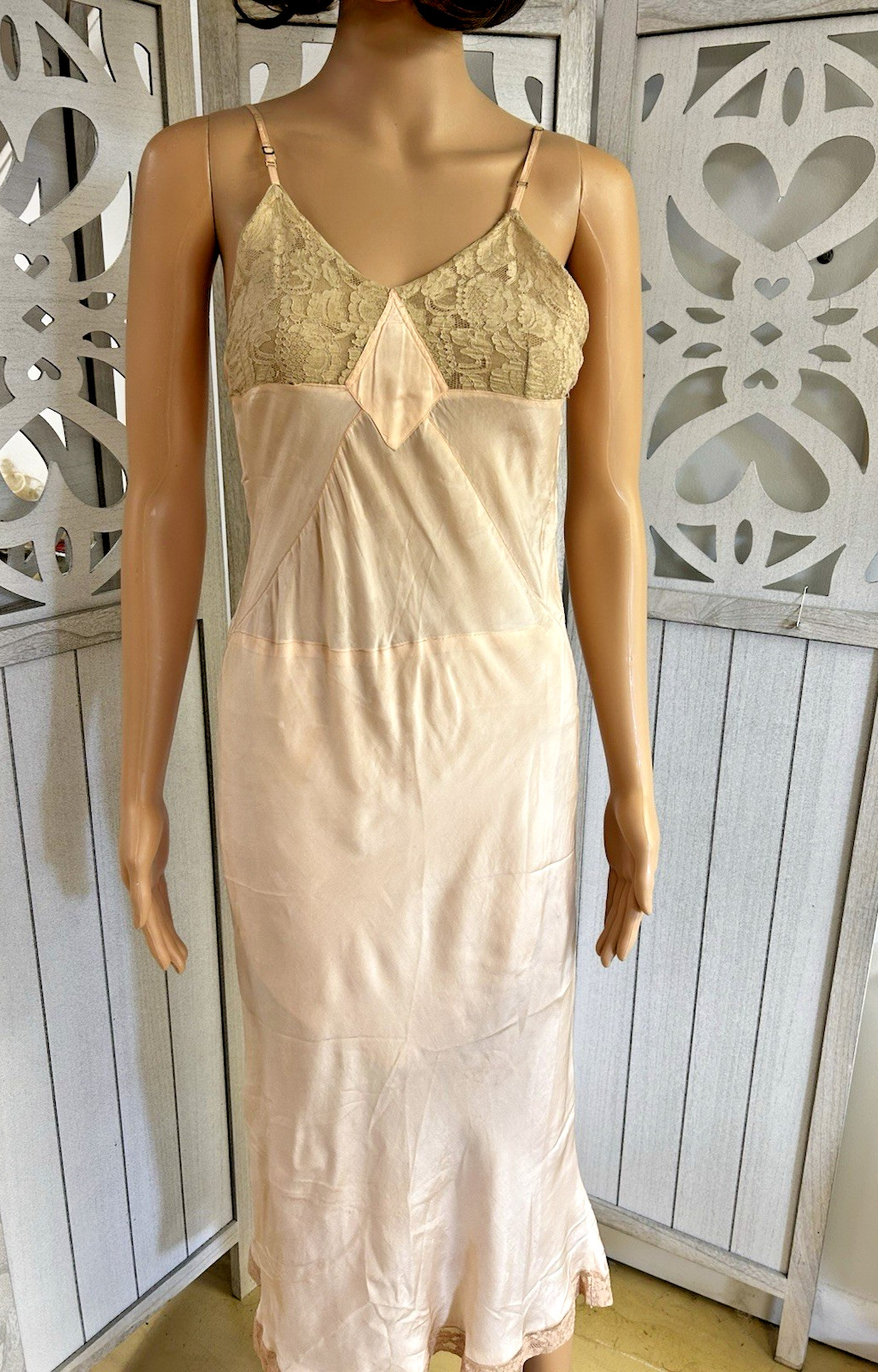 Vintage Silk Pale Pink Slip with Ecru Lace Trim on Bodice & Hem (*49)