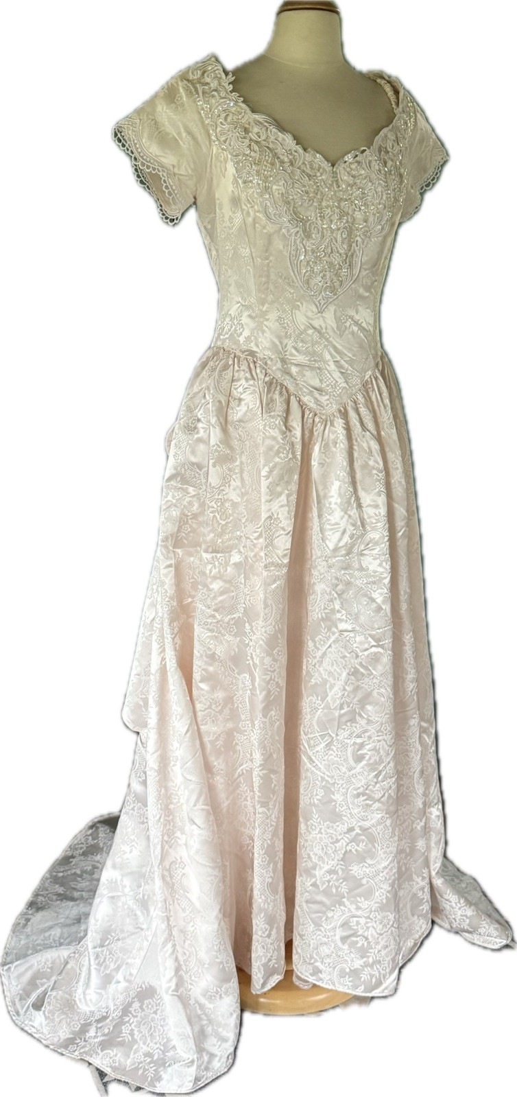 Basque Waist Gown WEDDING Princess Formal Satin Brocade Blush Bustle Roses M+