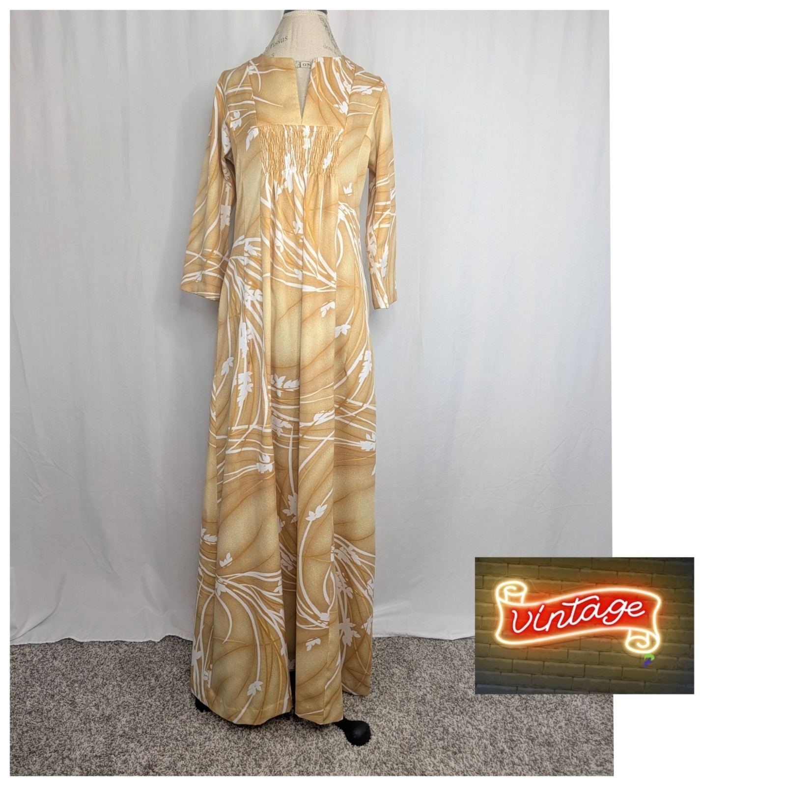 Vintage 60s Hawaiian Maxi Dress Medium Malama Tan Yellow