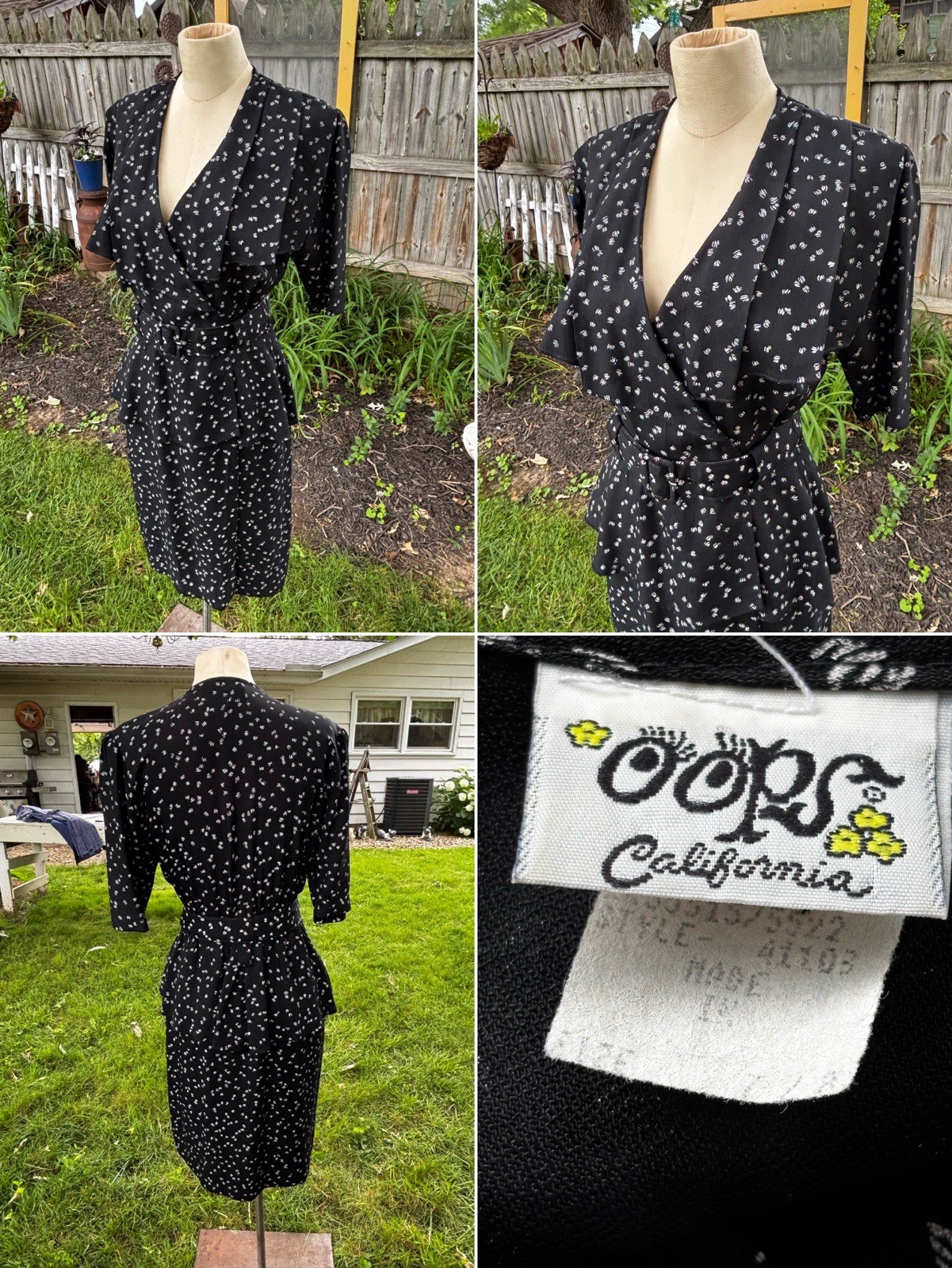 VTG Black Dress OOPS CALIFORNIA 80s does 40s Peplum Belt Sz 7/8 36x28x36″