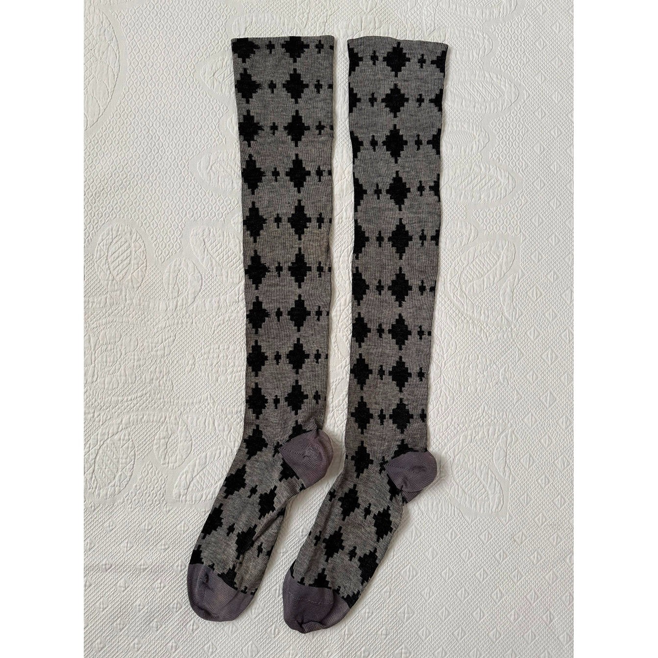 Vintage Early to Mid 20th C. Gray Black Patterned Cotton Knee High Cuff Socks