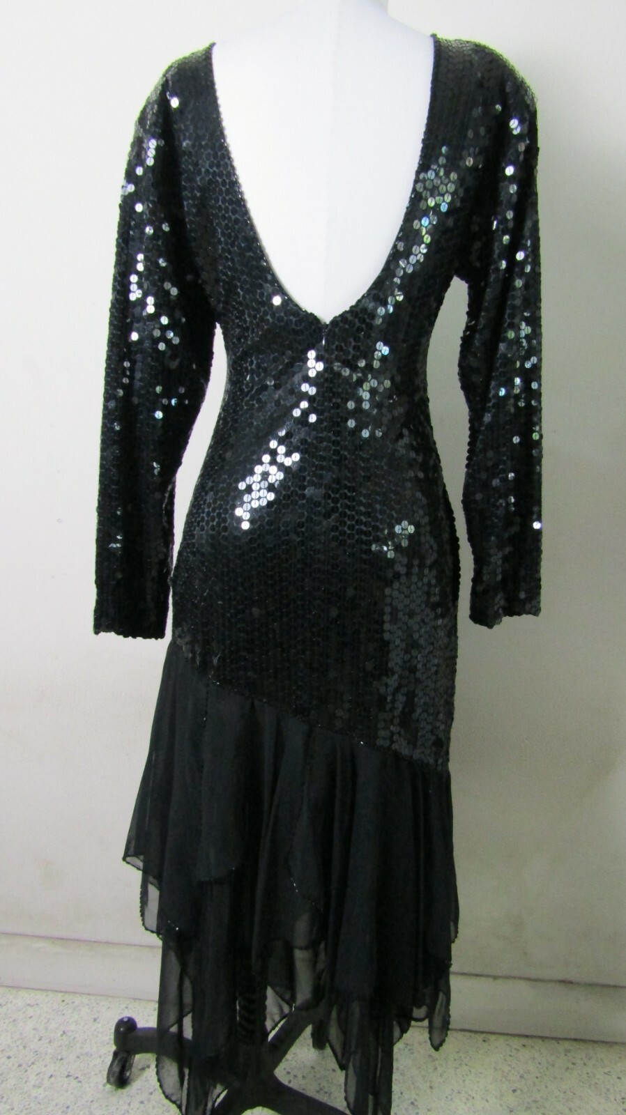 Vtg 80’s Swee Lo Black Sequin Beaded Long Sleeve Handkerchief Hem Evening Dress