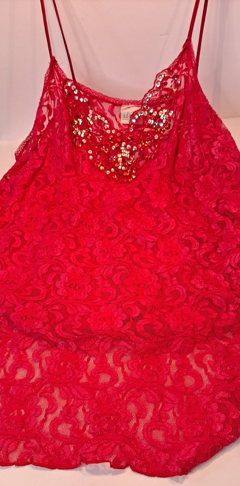 Vtg 90s Lacey Nylon Spaghetti Strap Sequined Sexy XL Top Or Nightie