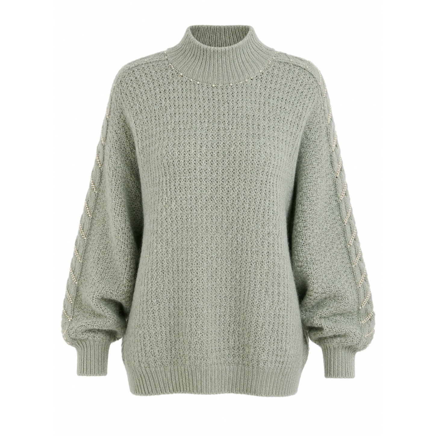 Adolfo Collections Sage Green Pearl Sweater Large Mock Neck Bouclé Knit Y2K