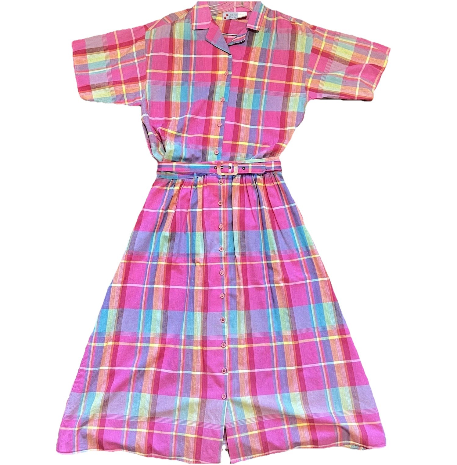 Vintage Rainbow Plaid 100% Cotton Midi Skirt Set Belted Cottagecore Preppy 3 Pc