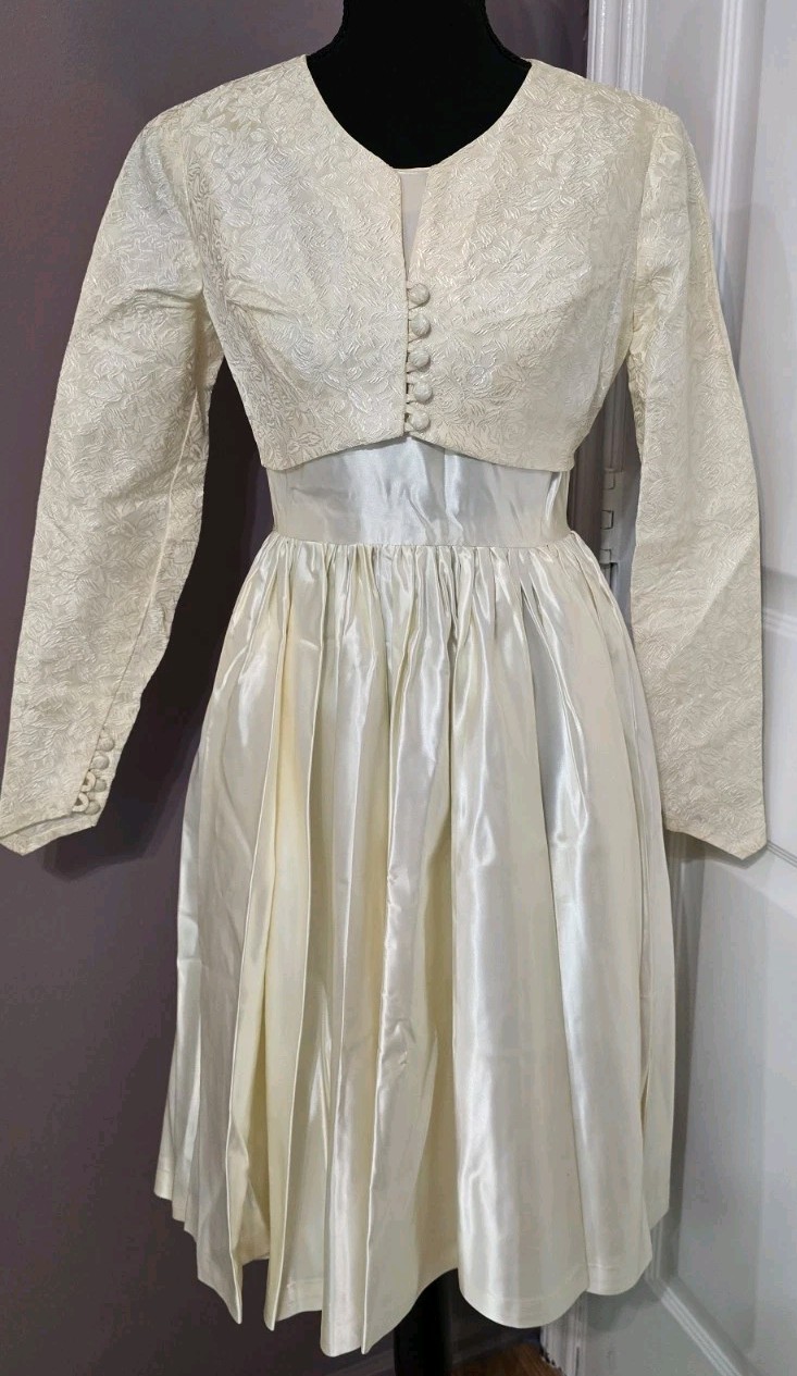 Vintage Ivory Satin Dress Set W/Jacquard Fabric Crop Jacket Size Small~Handmade