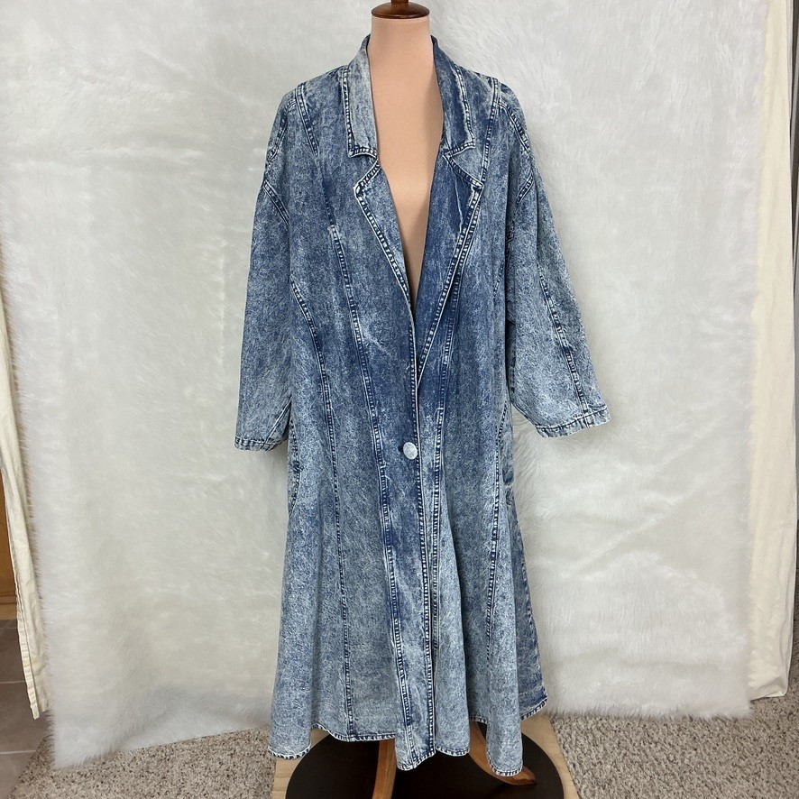 Vintage 80s 90s 100% Cotton Acid Washed Denim Swing Duster Coat 14