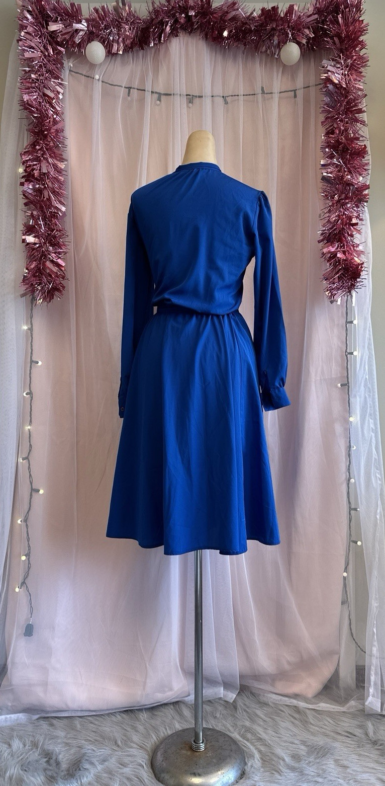 Vintage 70s 80s Blue Secretary Knee Length Dress Blouson Retro Long Sleeves M/L