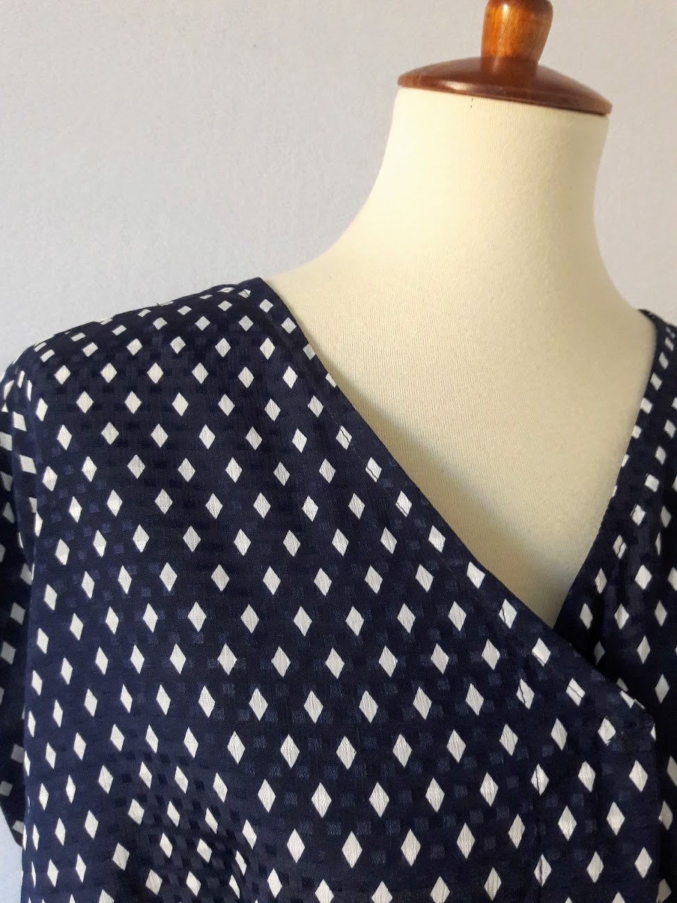 1980s Navy Blue and White Diamond Print Satin Midi Dress