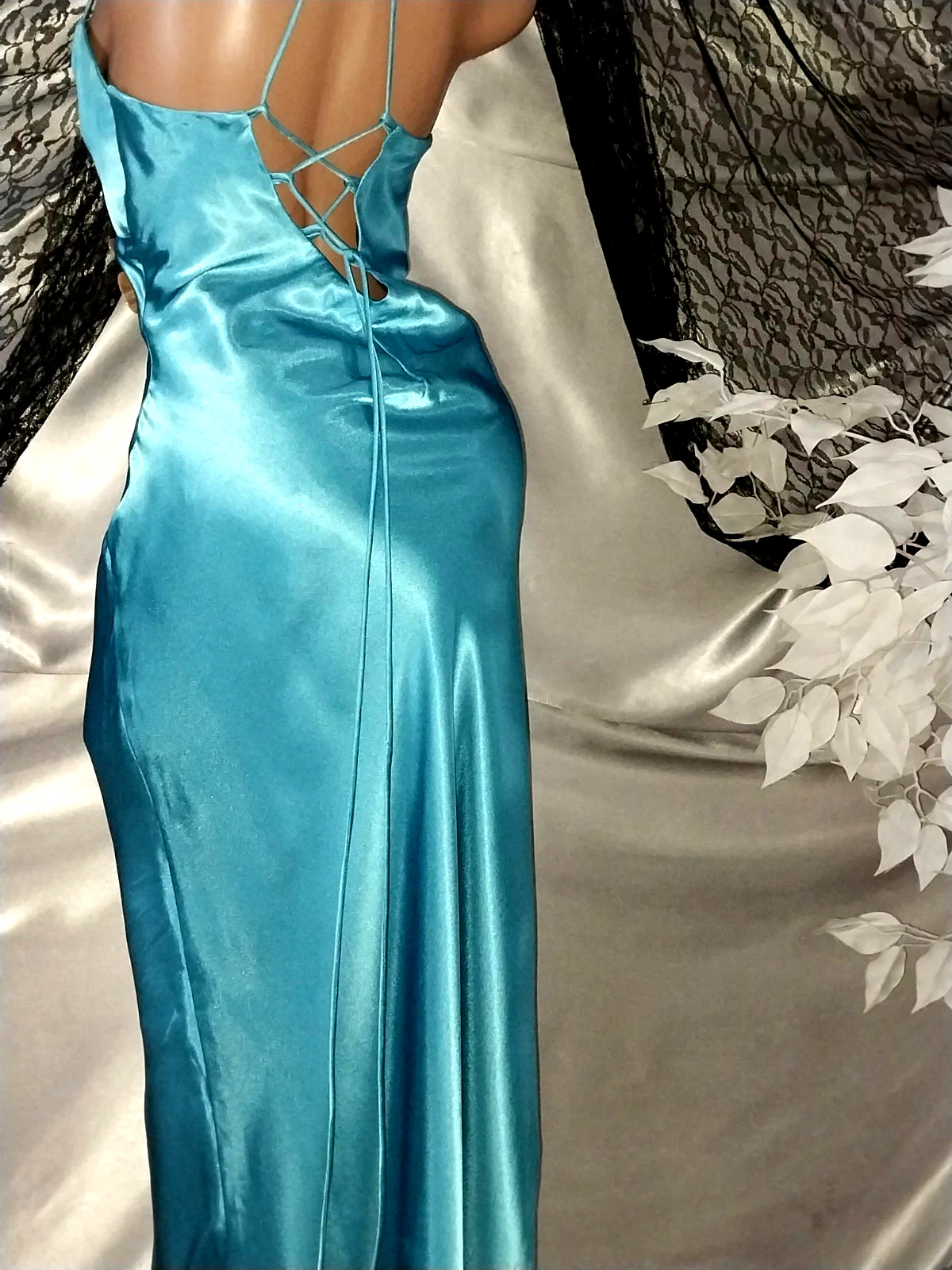 VTG SATIN SHINY BOMBSHELL LIQUID LACE UP RUCHED MAXI GLAM GOWN DRESS TALL S NEW