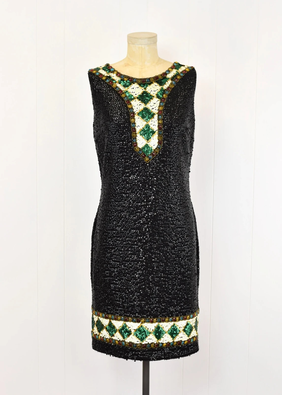 Vintage 1960s Black Sequin Embellished Mid Century Cocktail Dress Larger Size