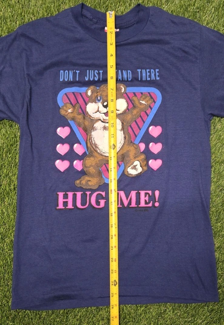 Vintage 1982 Bear Hug Me Graphic T Shirt 80s Navy Blue 50/50 Blend Tag Large