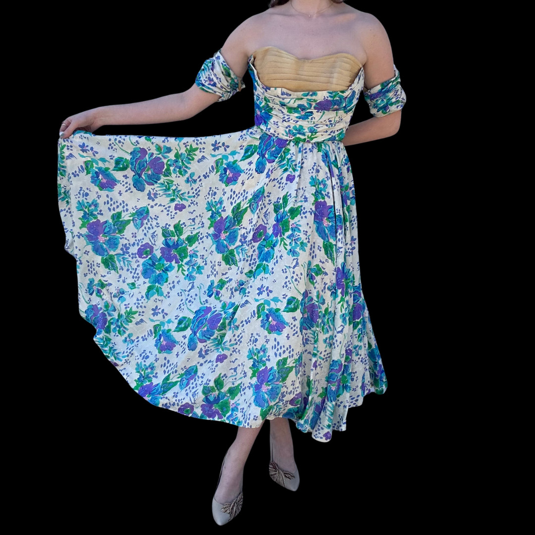 Vintage Fred Perlberg Dance Originals 50s Silk Floral Strapless Sweetheart Dress