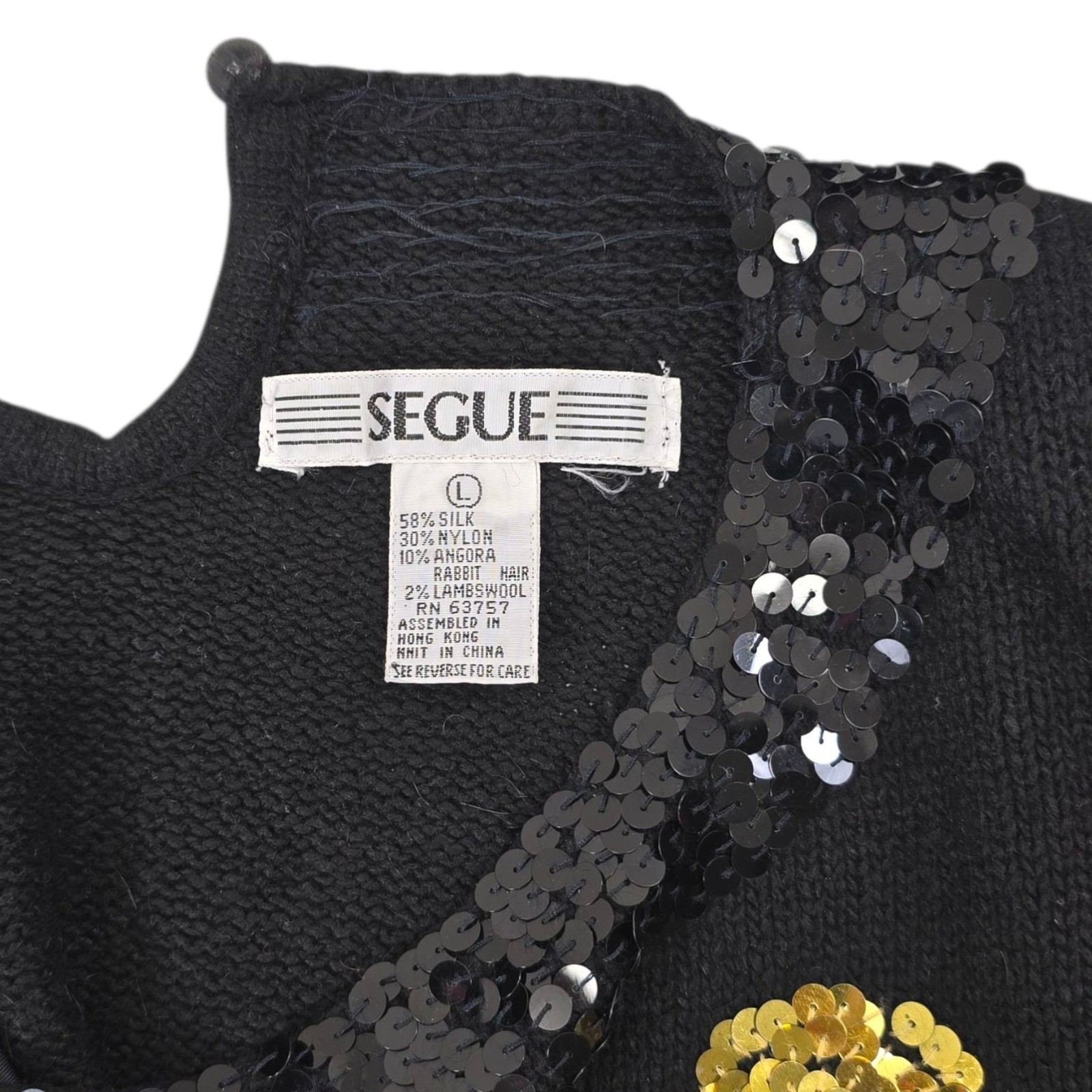 Segue Black Sequin Polka Dot Knit Sweater Womens L Silk Angora Rabbit Hair