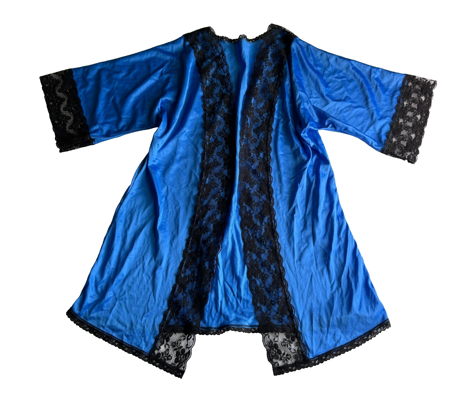 Vintage Coquette Royal Blue Lace Robe USA Nylon Lingerie Kimono Y2K 90s Sexy