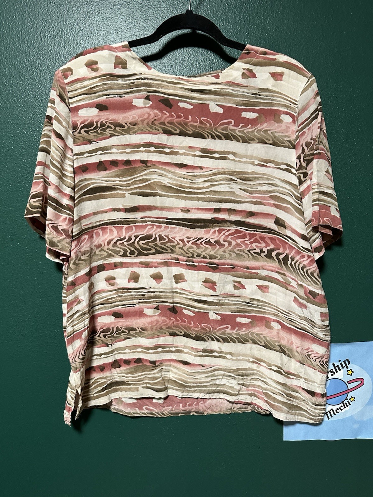 Vintage Silk Shirt 80s 14 16 Pink Brown Boho Pearl Flowy Retro 90s New Wave Fall