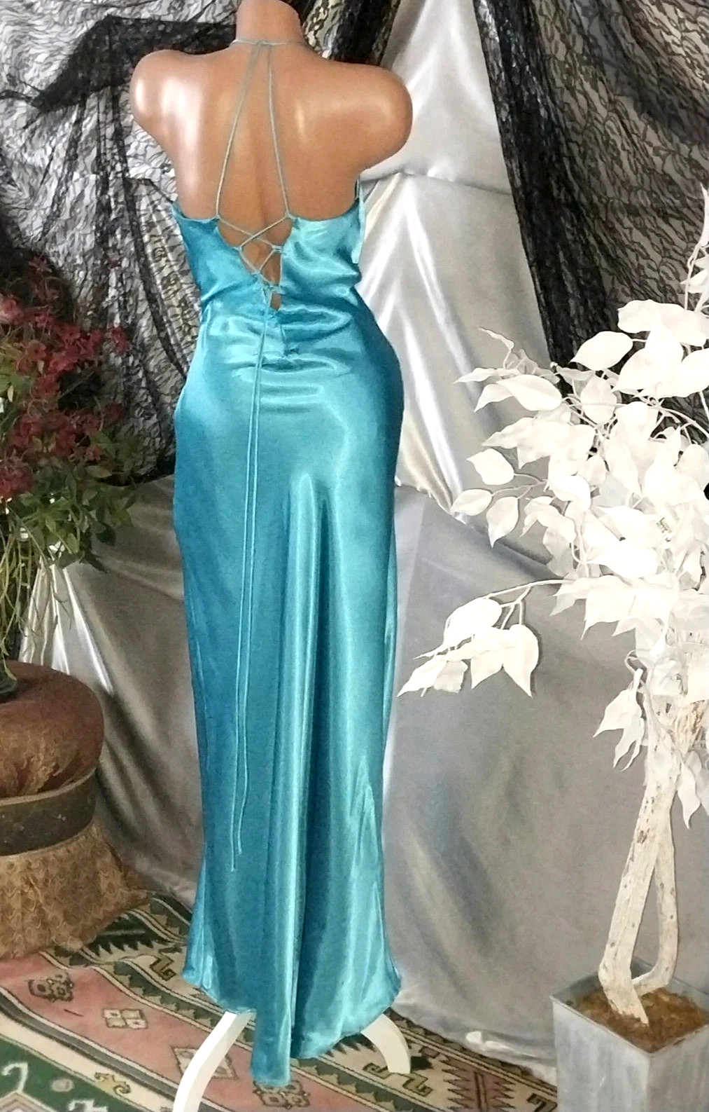 VTG SATIN SHINY BOMBSHELL LIQUID LACE UP RUCHED MAXI GLAM GOWN DRESS TALL S NEW
