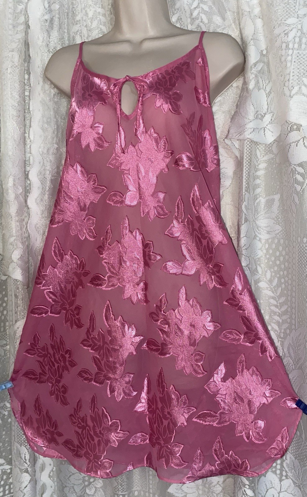 VTG 1X Rich PINK ILLUSION Floral Sheer Opaque Keyhole Babydoll NIGHTIE Nightgown
