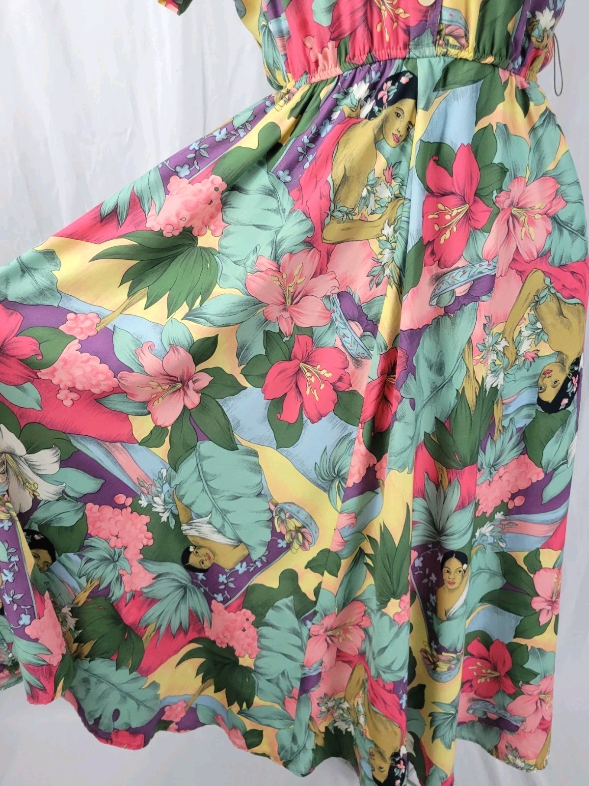 Vtg Carol Anderson Multicolor Floral & Lady Printed Blouson Dress Size S/M?