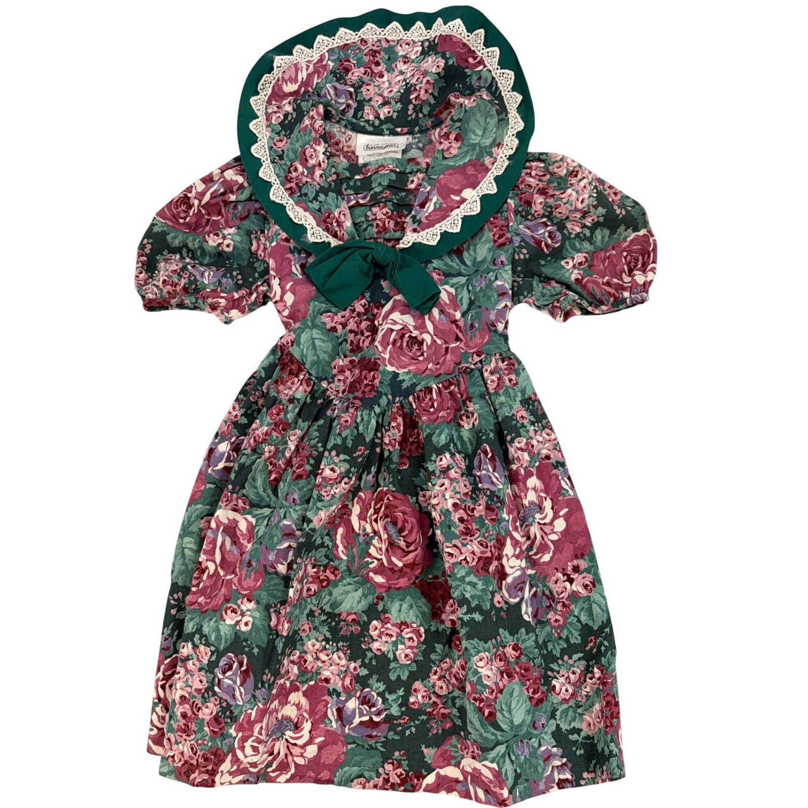 Vintage Bonnie Jean Floral Prairie Dress Girls 6X Cottagecore Lace Collar USA