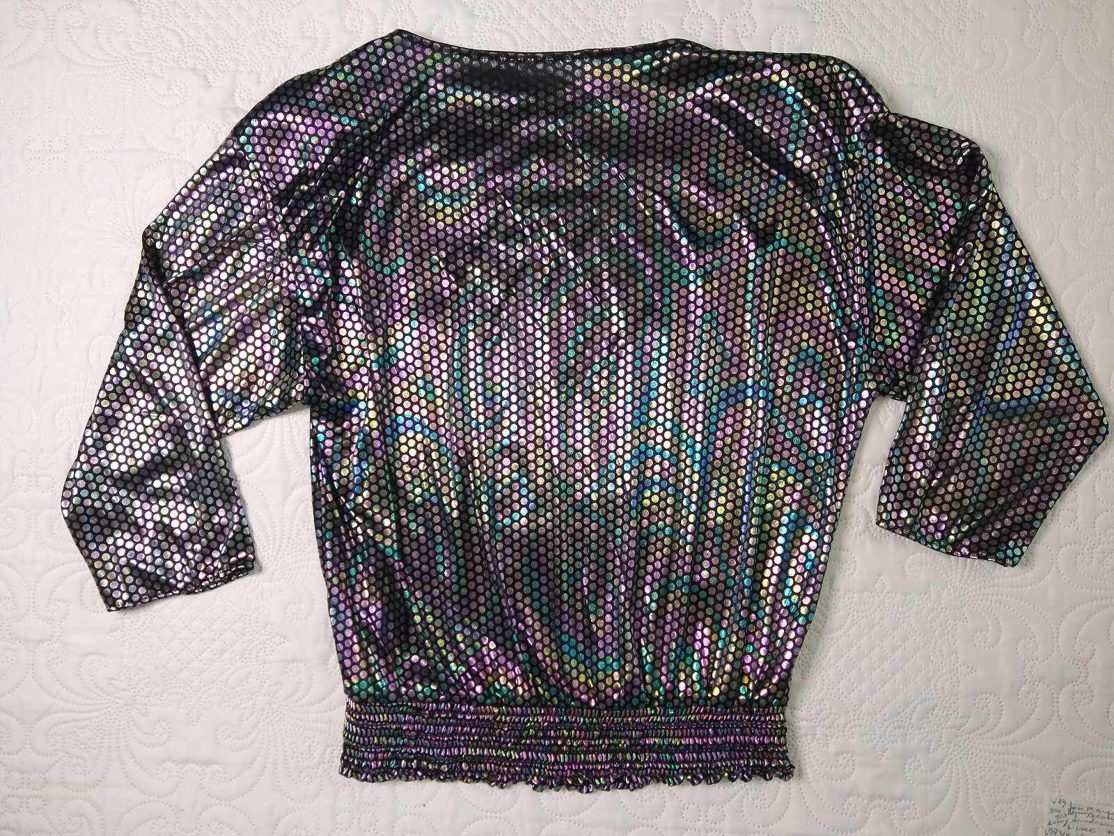 Jeri Marque Blouse Top Womens M 3/4 Slvs Liquid Iridescent Disco 80s Vtg EUC