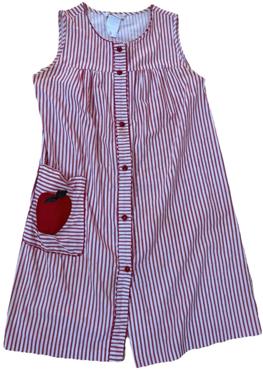 VINTAGE LEISURE LIFE House Dress Grandma Red Stripe Cute Apple Pockets Large