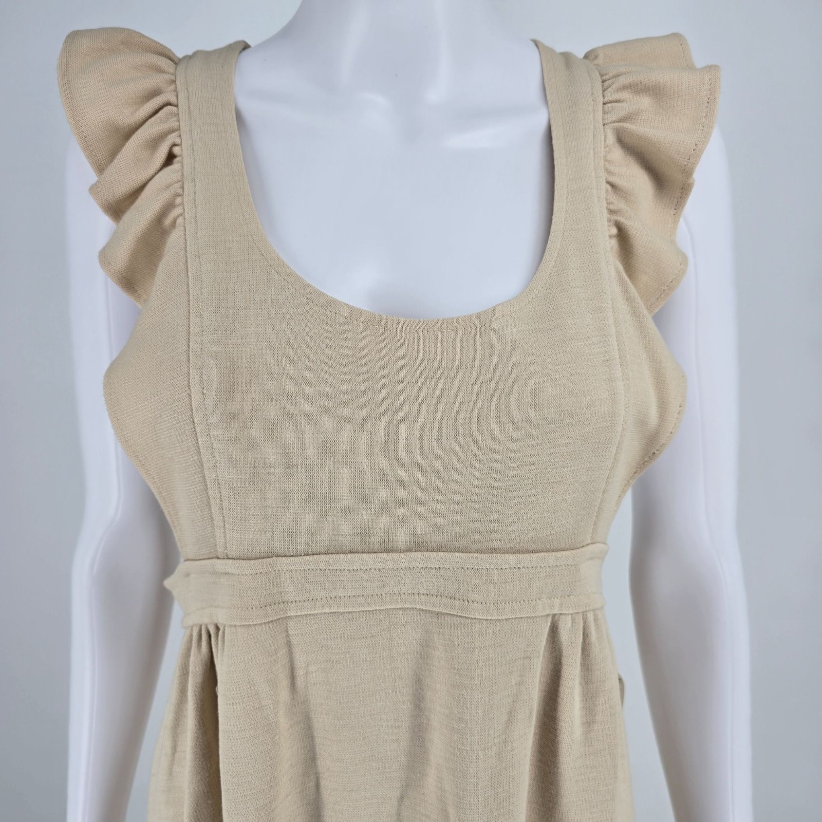 Vintage 1970s 100% Orlon Beige Ruffle Strap Empire Waist Knit Maxi Dress (M)