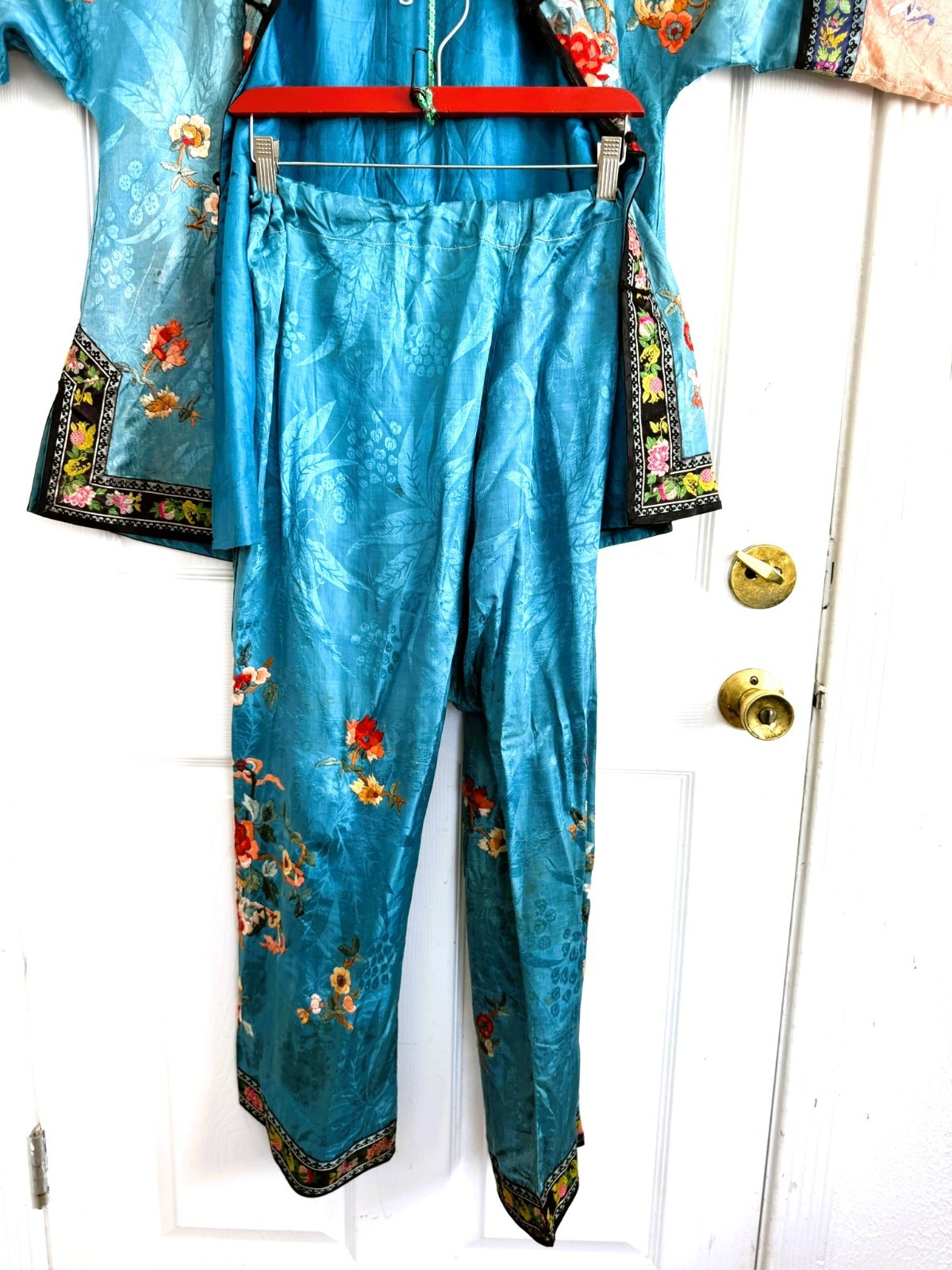 1920s 2pc Chinese Silk Satin Embroidered Blue and Peach Floral Robe Pants Set