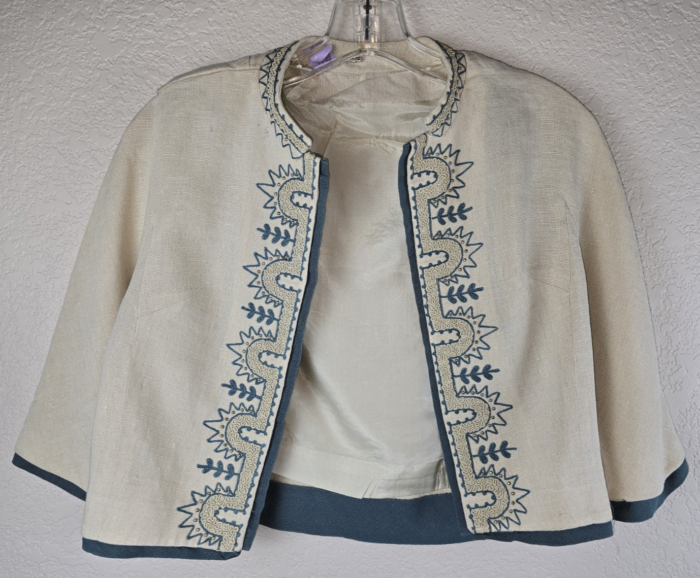 Authentic Mid-Century Moygashel Irish Linen Jacket Crop Bolero Embroidery…