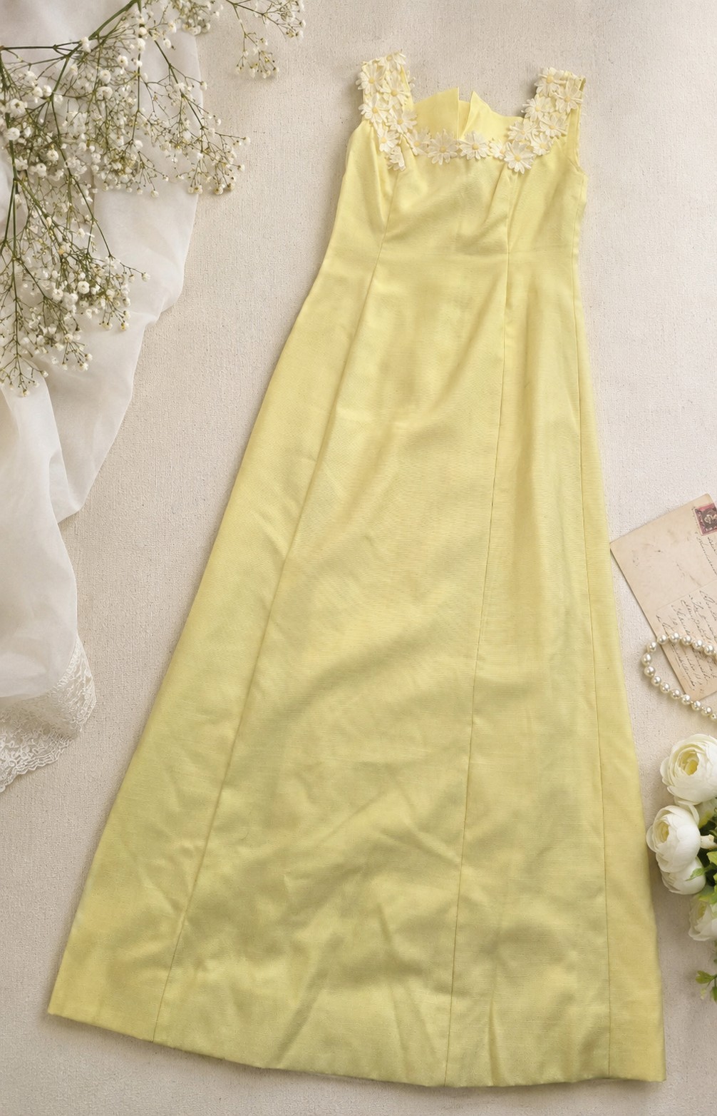 Vintage 1969 Yellow Floral Appliqué Bow Accent Sleeveless A-Line Maxi Dress M