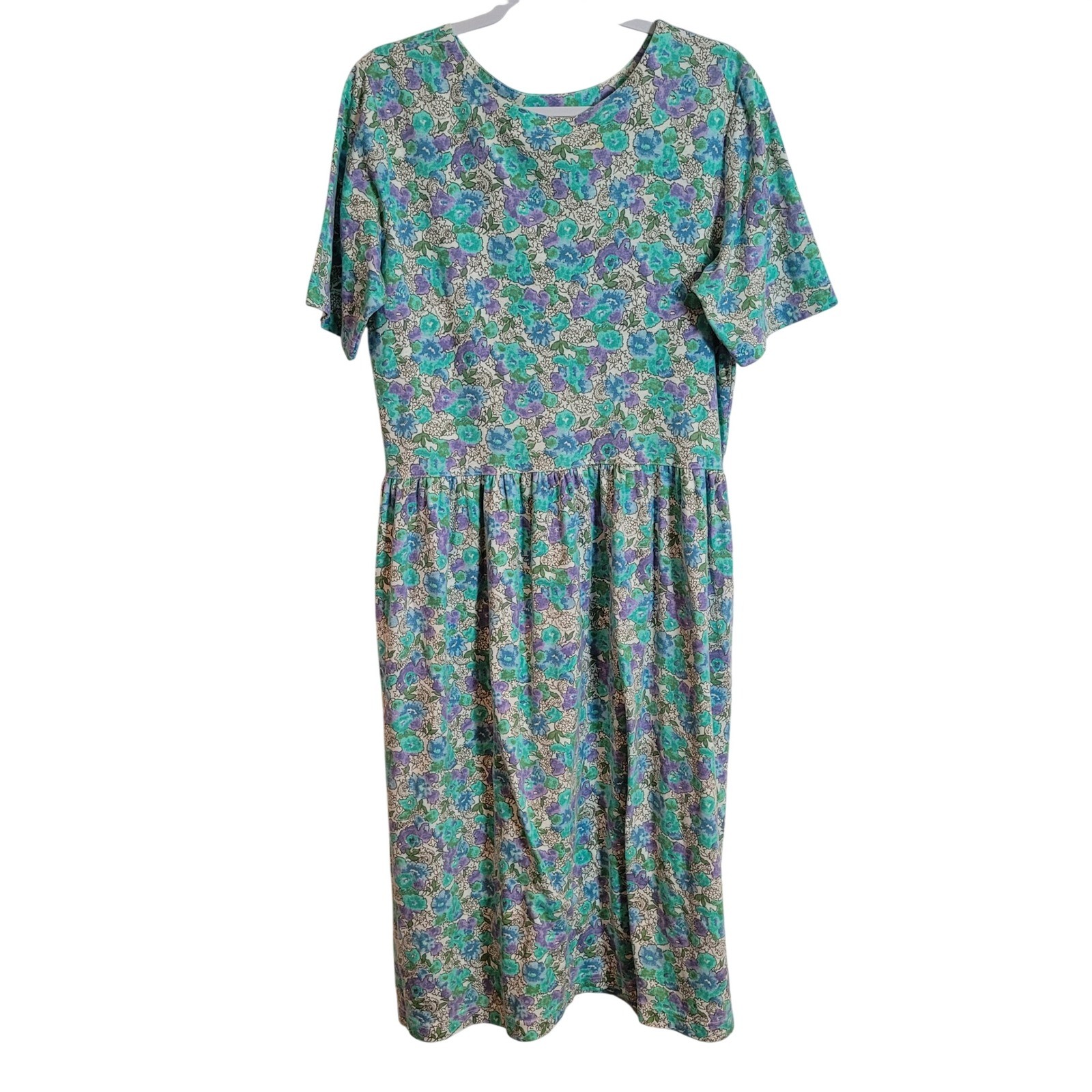 Vintage Lands End Floral Midi Dress Womens Large Teal Purple Cotton Blend USA