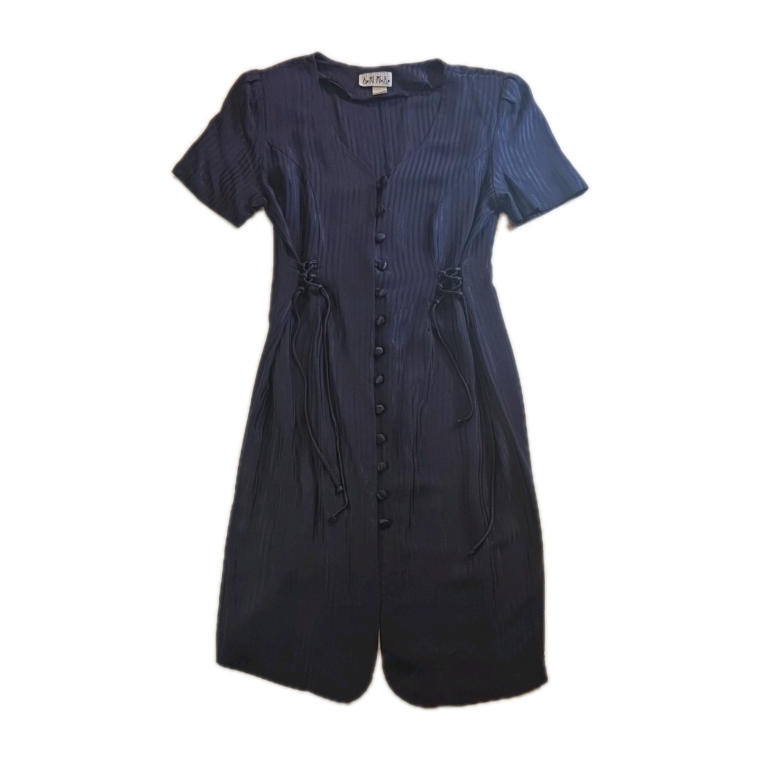 Vintage Navy Matte & Shiny Striped Anna Dress With Button Up Front – Size XL