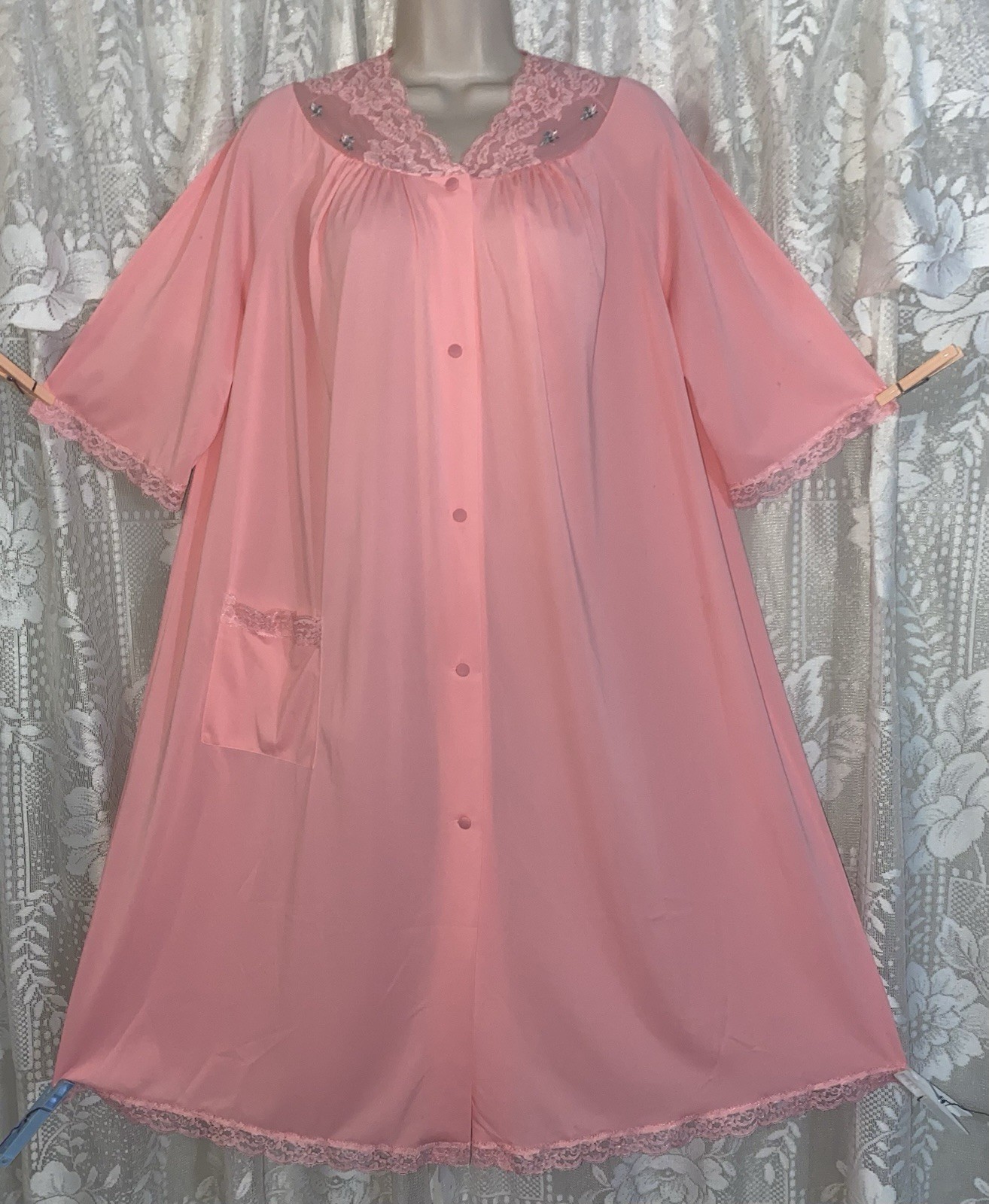 VTG LXL Shadowline Rich Coral Pink Nylon Peignoir Robe for nightgown lace Pocket