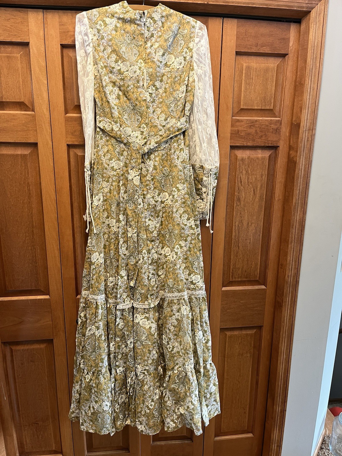 Vintage Floral Green Tan Floral Lace No Tags Prairie Maxi Dress