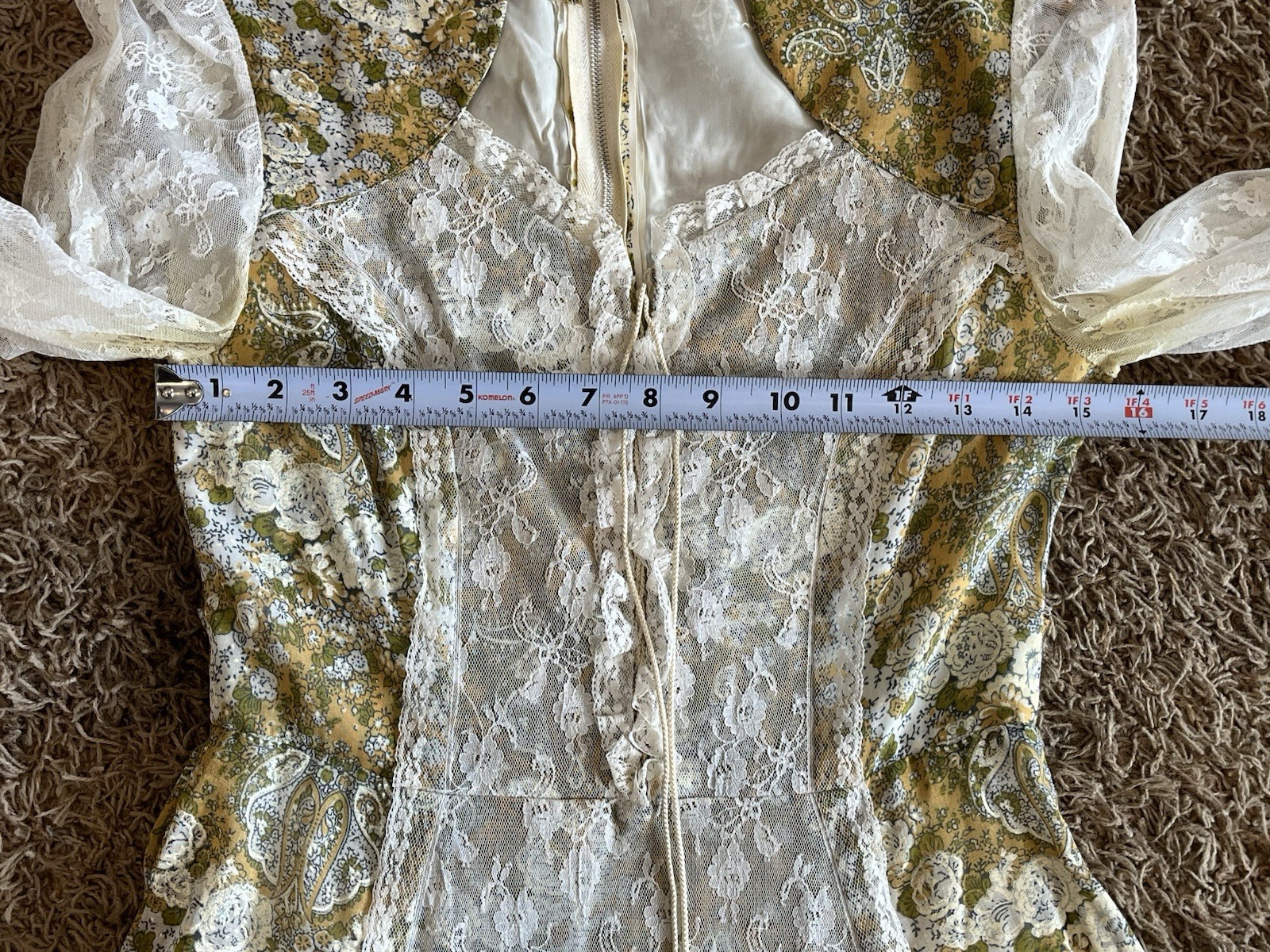 Vintage Floral Green Tan Floral Lace No Tags Prairie Maxi Dress