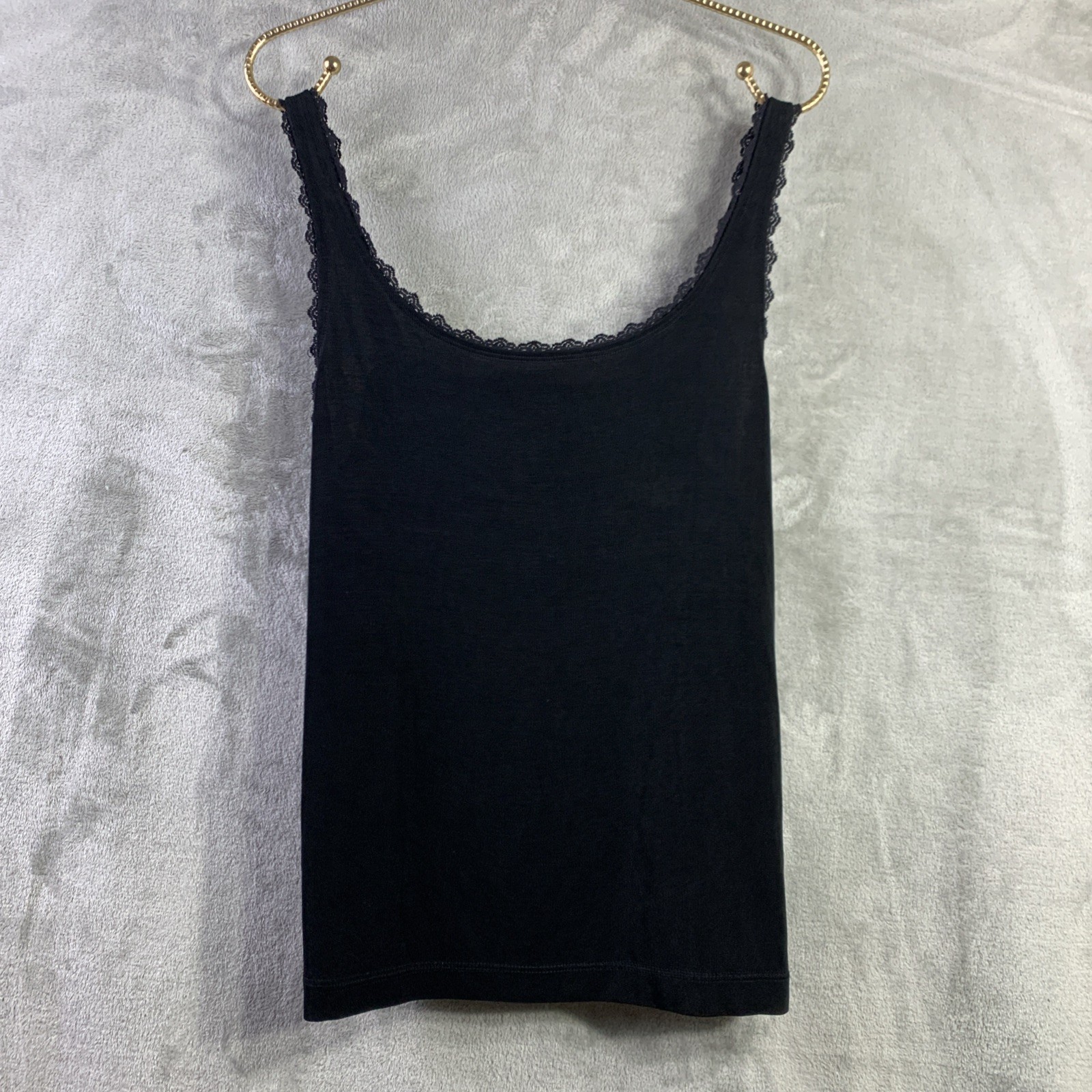 VTG Chico’s Travelers Tank Top Blk Lace Trimmed Cami Acetate Stretch Feminine L