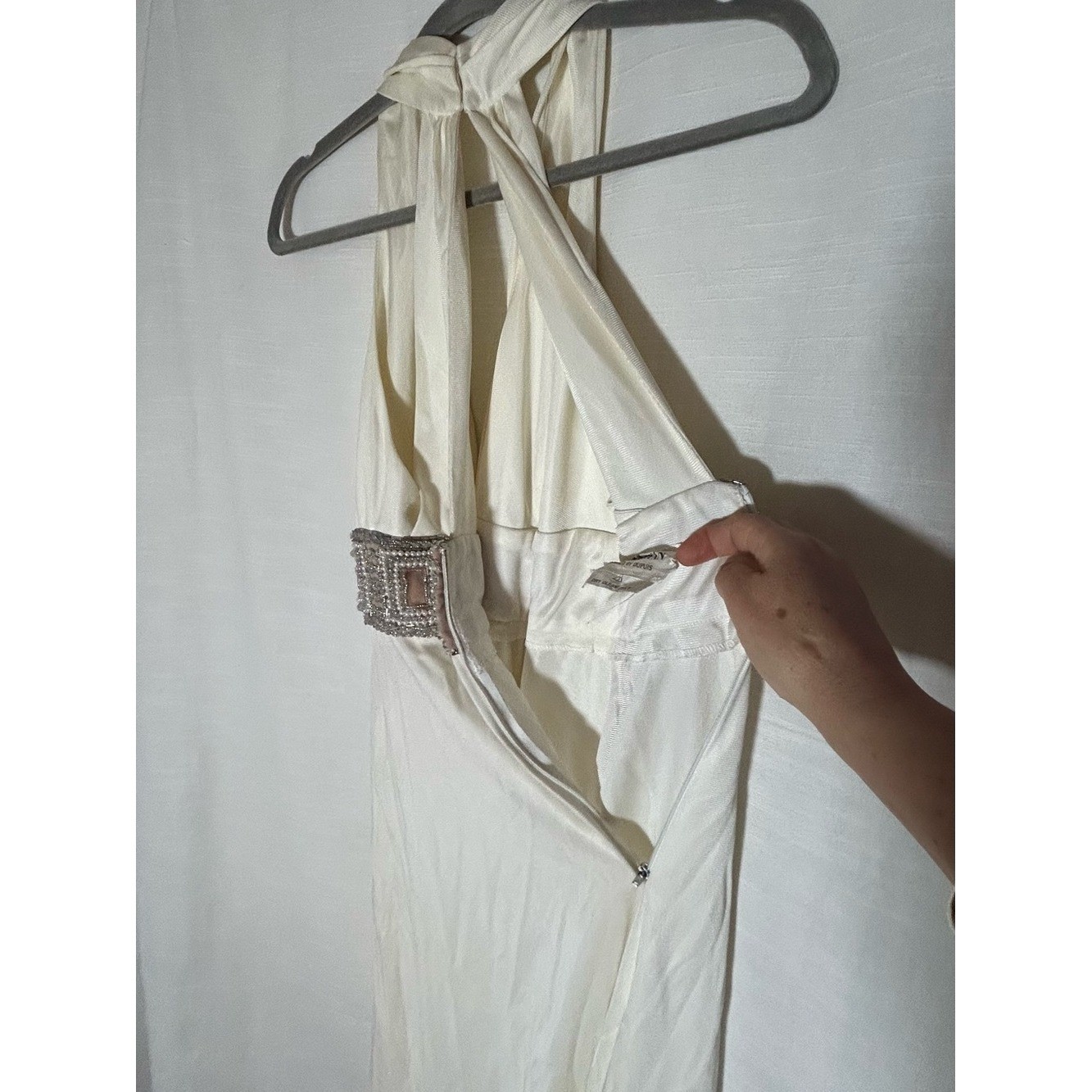 True Vintage Circa 1970’s Cream Halter Maxi Dress with Embellished Beaded Waist