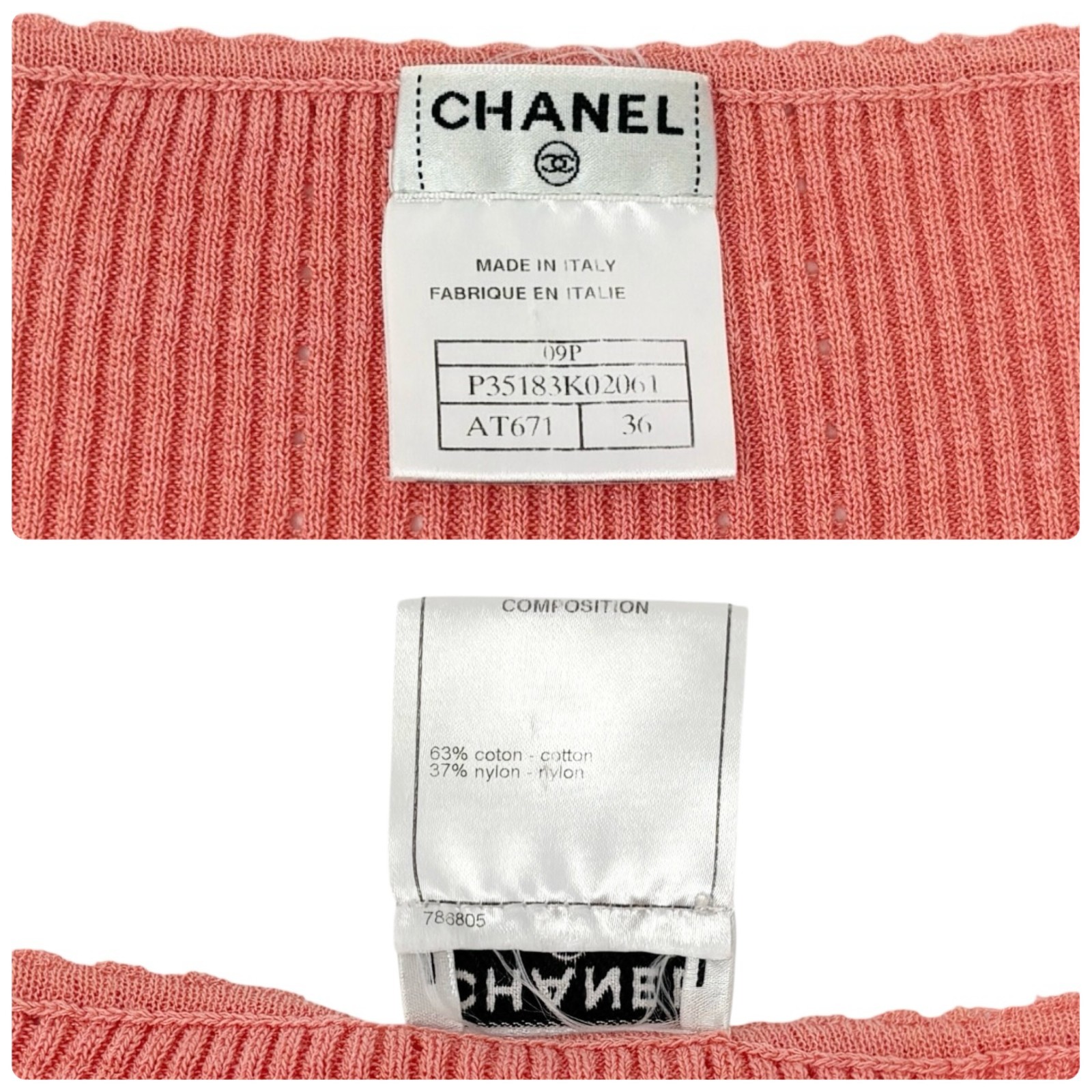 CHANEL Vintage 09P CC Logo Rib Knit T-shirt Top #36 Salmon Pink Cotton 901988