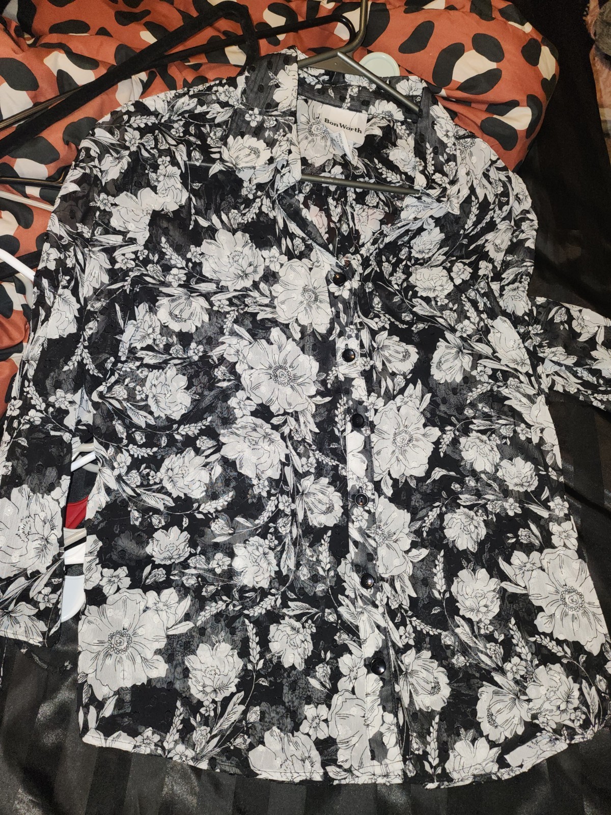 Bon Worth Small Petite Button Down Blouse 3/4 Sleeve Floral Print Top