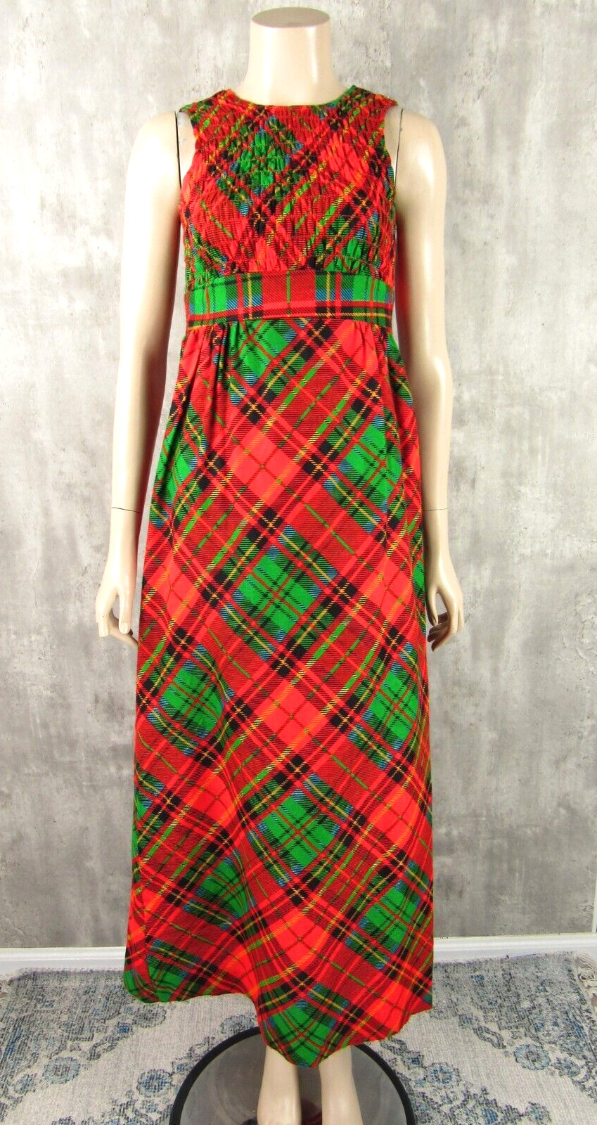 Vintage I. Magnin 60s 70s Red Plaid Empire Smocked Maxi Dress XS/S Jrs 5