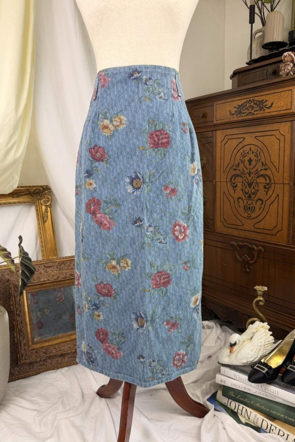 Vintage, Made in the USA, Christopher & Banks Floral Midi/Maxi Chic Jean Skirt